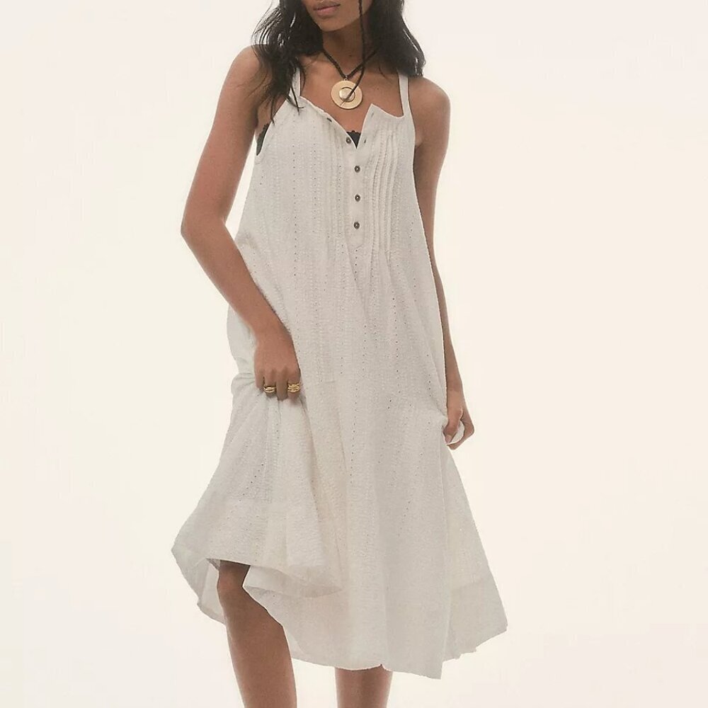 Pilcro Sleeveless Patchwork Midi Dress Eyelet Flowy Cottagecore in Ivory/White S